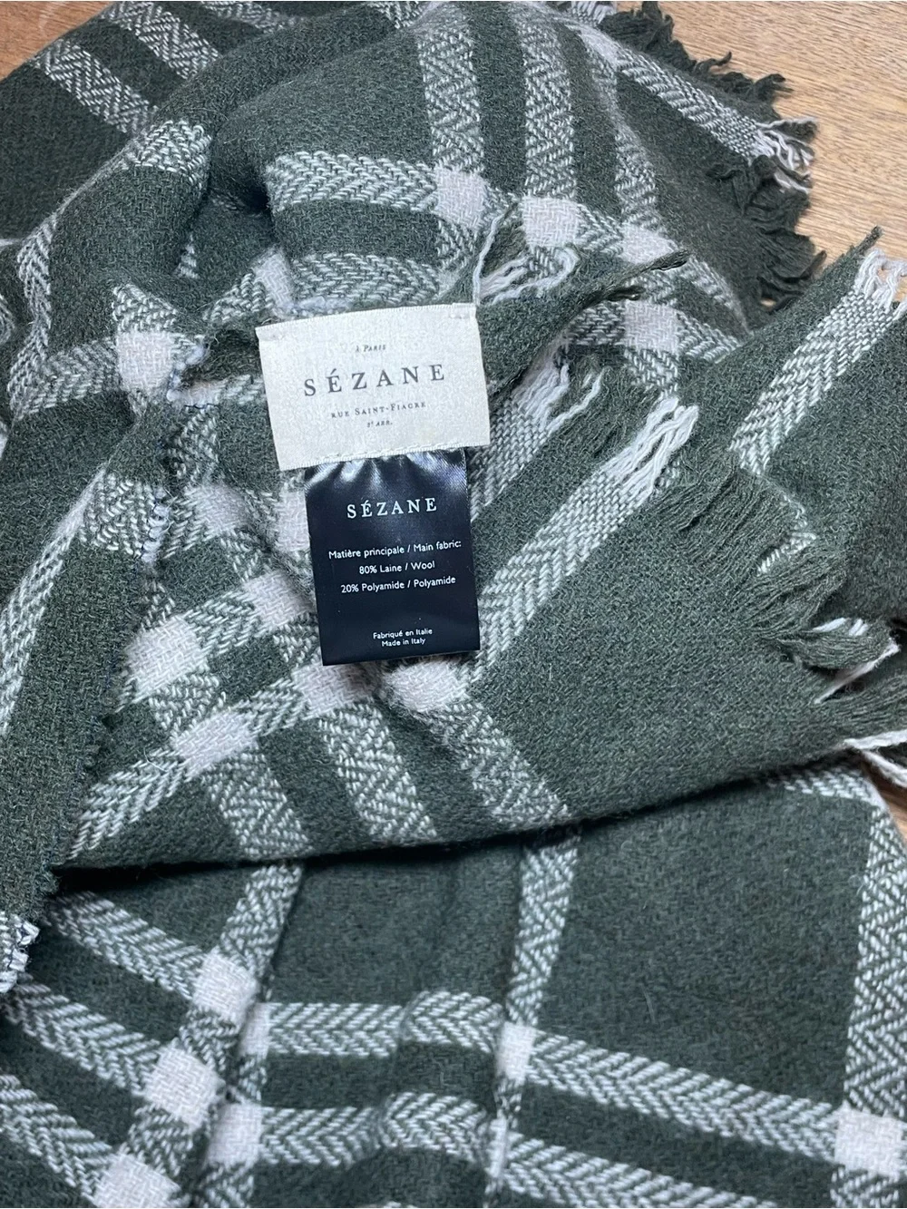Sézane Green Plaid Wool Fringe Oversized Scarf Made in Italy